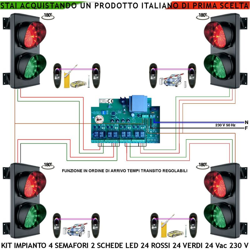 foto del prodotto kit impianto semaforico parcheggio 4 semafori 2 luci 24 led rossi e 24 verdi 24 vac ip65 centrale tempi transito regolabili da 0,5 a 3 minuti ordine