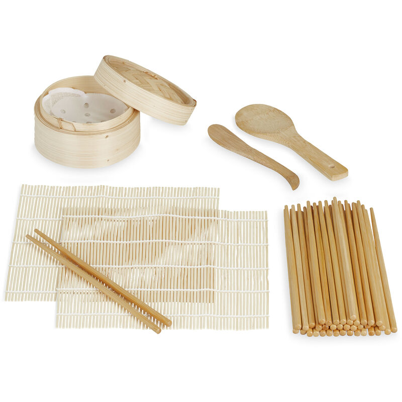 foto del prodotto kit in bamb per sushi, 2 tovagliette, vaporiera, 20 paia di bacchette, cucchiaio, spatola per riso, marrone relaxdays