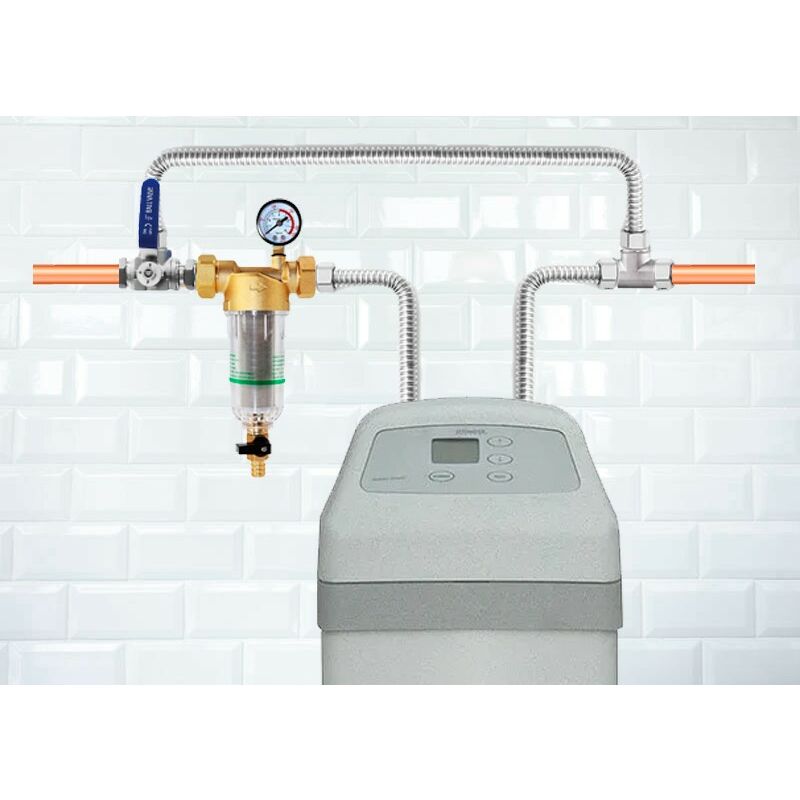 foto del prodotto kit installazione rapida addolcitore bypass in acciaio inox filtro a rete in acciaio inox