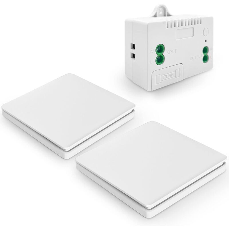 foto del prodotto kit interruttore radio, senza cablaggio, senza batteria, installazione semplice, telecomando da esterno fino a 200 m 2 interruttori rf e 1