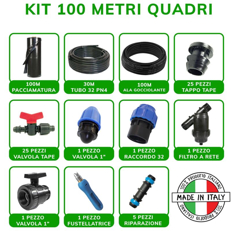 foto del prodotto kit irrigazione a goccia completo per orto con pacciamatura, 100mq sistema tubo irrigazione gocciolatore, manichetta o ala gocciolante passo 20 30 40