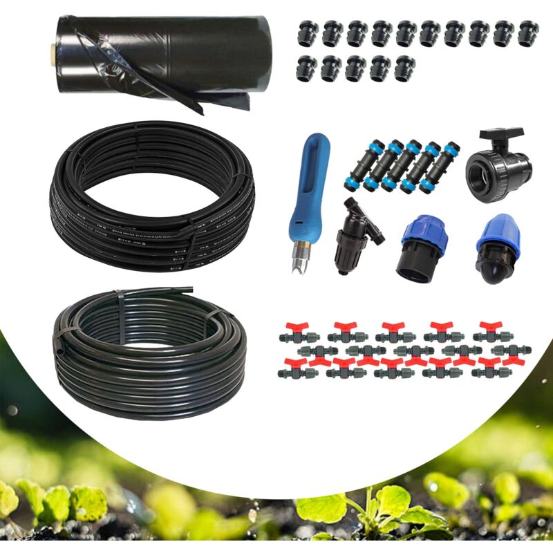foto del prodotto kit irrigazione a goccia completo per orto con pacciamatura, 50mq sistema tubo irrigazione gocciolatore, manichetta o ala gocciolante passo 20 30 40