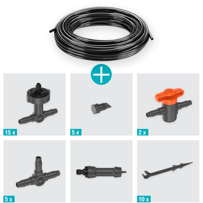 foto del prodotto kit irrigazione a goccia set completo per irrigare fino a 15 piante in vaso micro drip system 13401 20 gardena