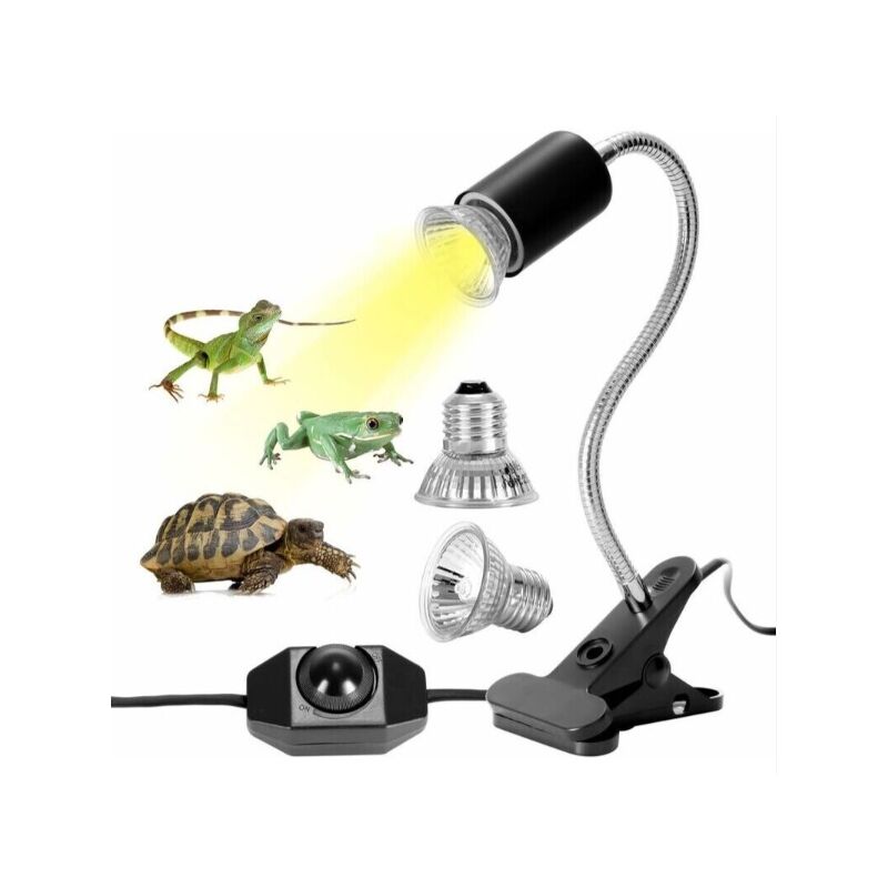 foto del prodotto kit lampada riscaldante per tartarughe, lampada riscaldante per rettili con 2 lampadine uva uvb da 25 w e 50 w, base lunga, rotazione a 360 per