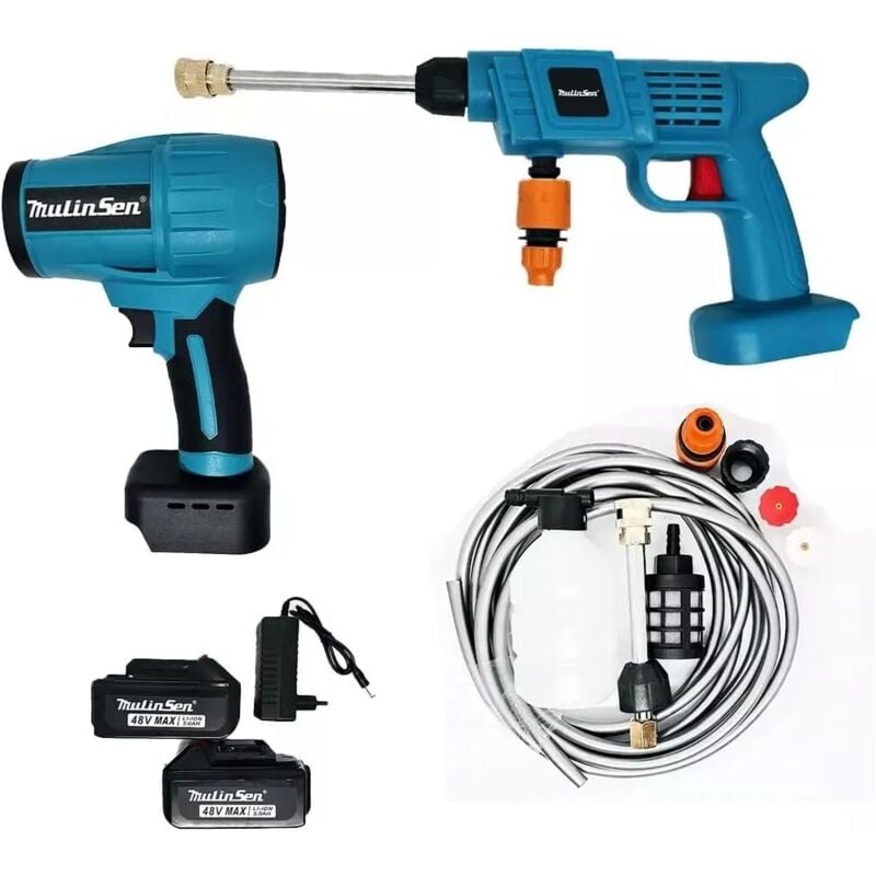 foto del prodotto kit lavaggio idropulitrice a batteria con mini soffiatore incluso, portatile, 2 batterie 48v intercambiabili per pulizia versatile e senza fili