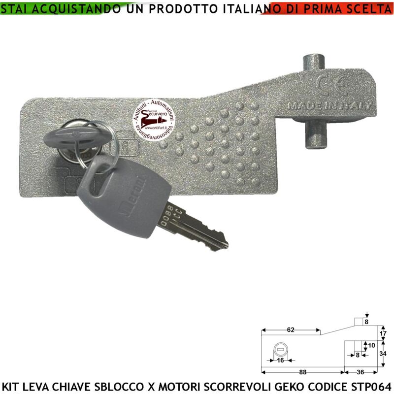 foto del prodotto kit leva sblocco stp064 del motore geko montato su cancello scorrevole completo di chiave di sicurezza doppio profilo utile per mancanza di rete
