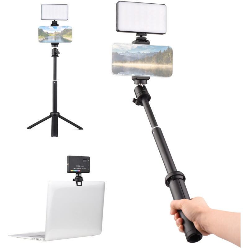 foto del prodotto kit luce video led rgb, illuminazione tascabile per videoconferenze, con treppiede da tavolo, supporto per telefono, clip per computer, adattatore