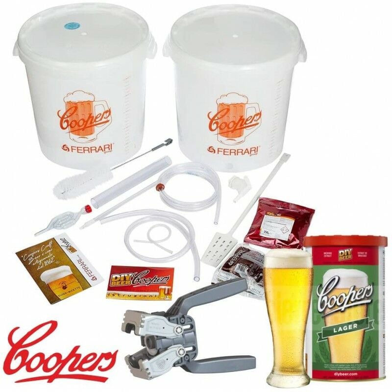 foto del prodotto kit lusso fermentazione coopers per birra 2 contenitori con travasatore completo di malto e accessori
