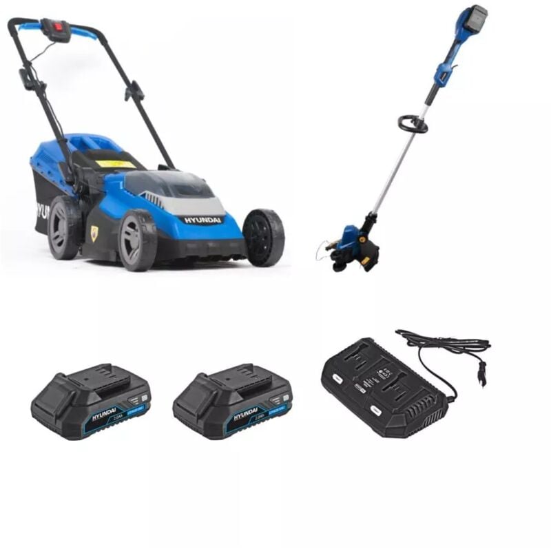 foto del prodotto kit macchine brushless 40v hyundai tagliaerba, decespugliatore, 2 batterie e caricabatterie doppio rapido