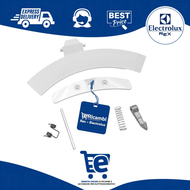 foto del prodotto kit maniglia porta obl per lavatrice electrolux rex aeg zanussi, completo di nasello, piolino e molla. dimensioni 190x60 mm per modelli ew2 ewf