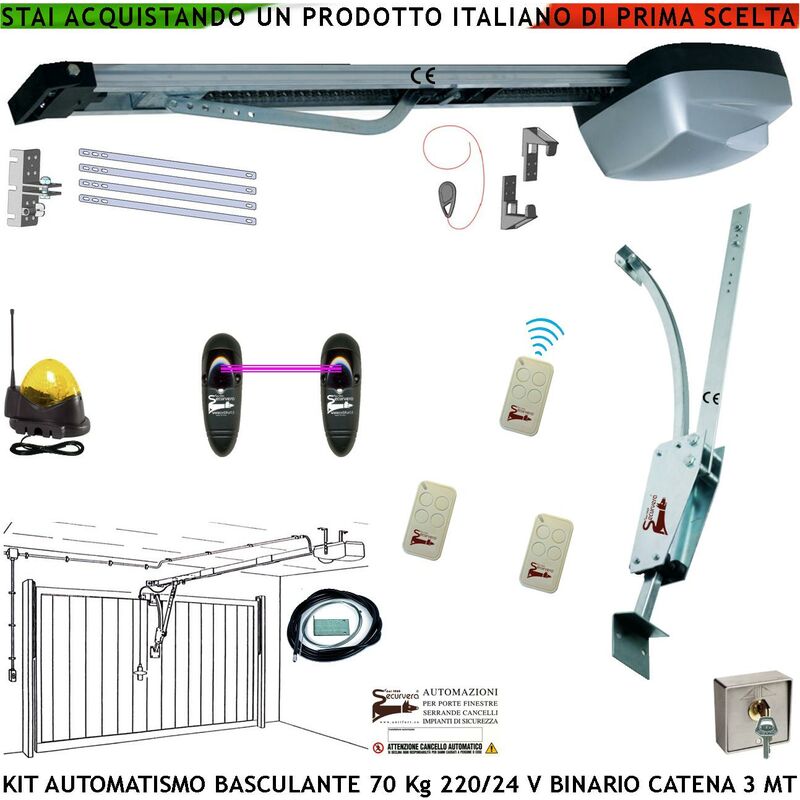 foto del prodotto kit motore 220 24 v da soffitto per cler basculante 70 kg automatica selettore binario alluminio catena acciaio 3 metri cordino x sblocco pattino