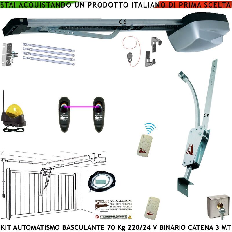foto del prodotto kit motore 220 24 v da soffitto per porta basculante 70 kg automatica selettore binario alluminio catena acciaio 3 metri cordino x sblocco pattino
