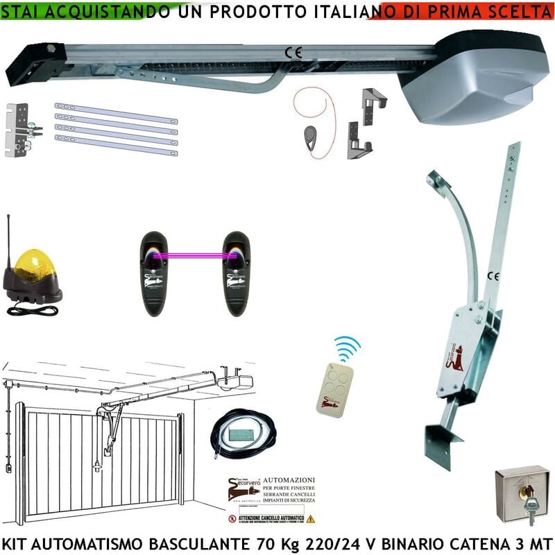 foto del prodotto kit motore 220 24 v da soffitto per porta basculante 70 kg automatica selettore binario alluminio catena acciaio 3 metri cordino x sblocco pattino