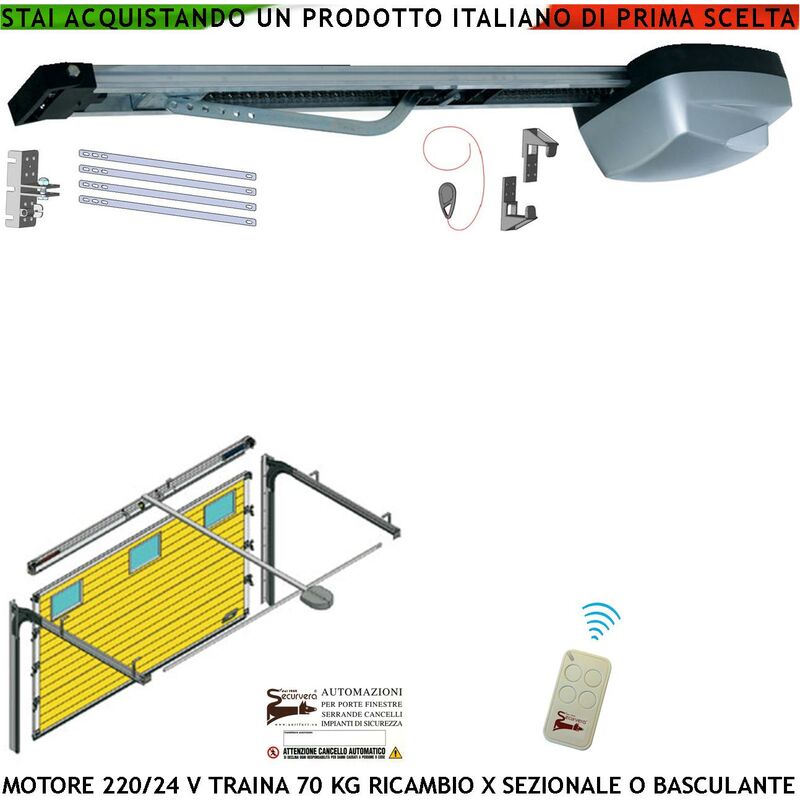 foto del prodotto kit motore 220 24 v da soffitto ricambio automazione x porta cler basculante o sezionale 70kg radiocomando binario 3 mt alluminio estruso sistema