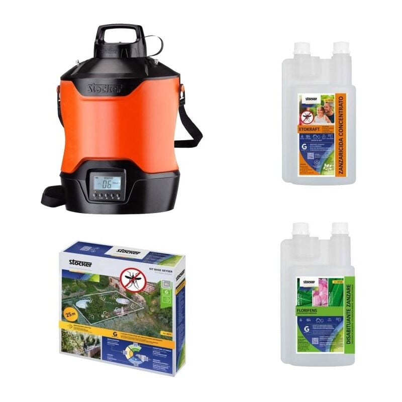 foto del prodotto kit nebulizzatore geyser 12l tubo da 25mt disabituante zanzare florifens 1lt e zanzaricida etokraft stocker