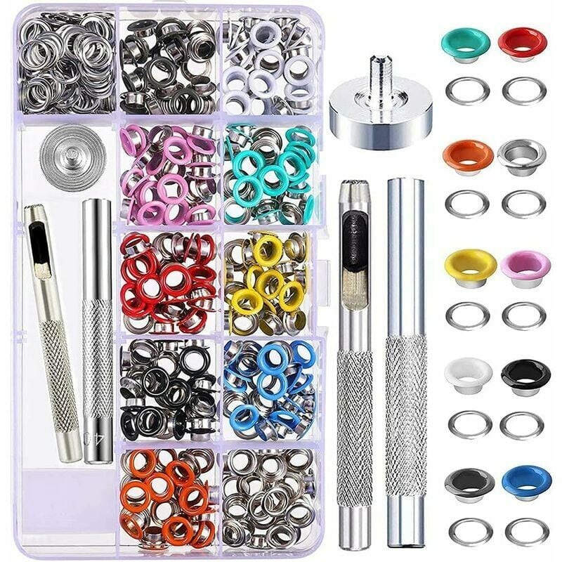 foto del prodotto kit occhielli, 500 set occhielli da 5 mm, occhielli in metallo, 10 colori kit occhielli occhielli con 3 strumenti di impostazione occhielli per
