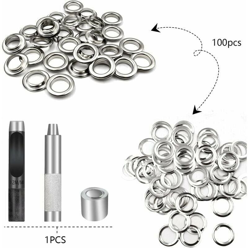 foto del prodotto kit occhielli per occhielli strumenti set di occhielli zksm, kit di occhielli da 100 occhielli diametro interno 12 mm per teloni, valigie, pelle,