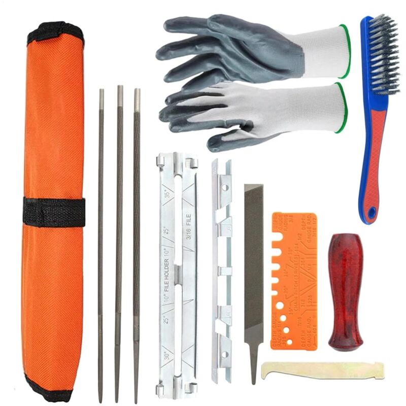 foto del prodotto kit per affilare la catena della motosega da 12 pezzi con lima rotonda da 4 4,8 5,5 mm, lima piatta, guida per lima e borsa portautensili