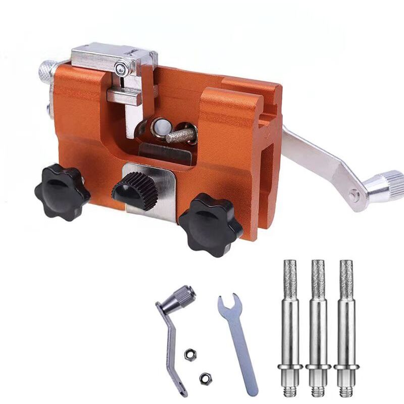 foto del prodotto kit per affilatura motosega con 3 testine di affilatura, affilatrice per catene motosega, affilatrice portatile a manovella, per tutti i tipi di