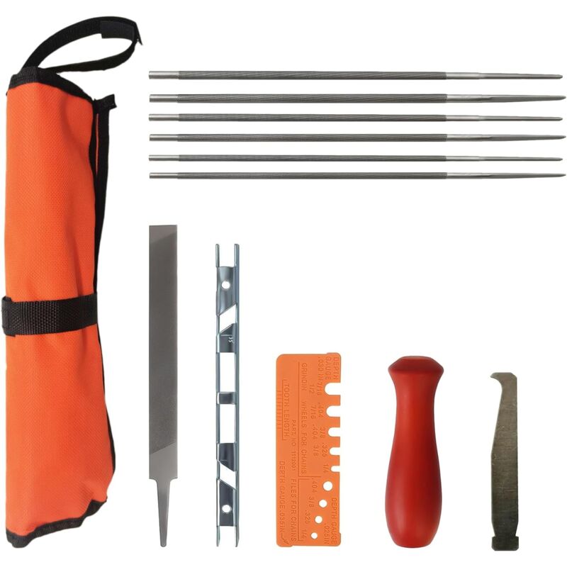 foto del prodotto kit per affilatura motosega, con 6 lime tonde, lima piatta da 6 , calibro di profondit , manico in legno, guida per lima, borsa portautensili set da