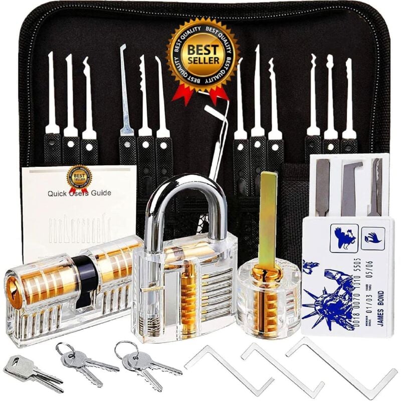 foto del prodotto kit per grimaldelli, kit per grimaldelli preciva da 26 pezzi, strumenti di formazione con 3 serrature trasparenti per fabbri principianti e