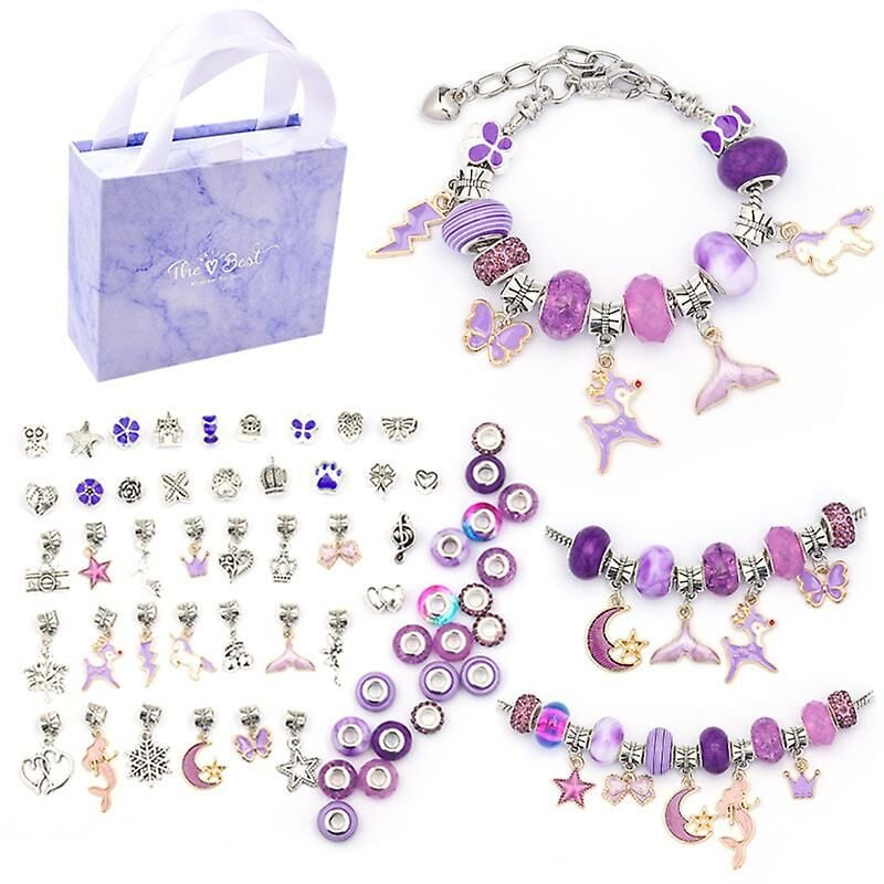 foto del prodotto kit per la creazione di braccialetti con ciondoli per ragazze, kit per creazione di gioielli da 66 pezzi con confezione regalo viola, set per