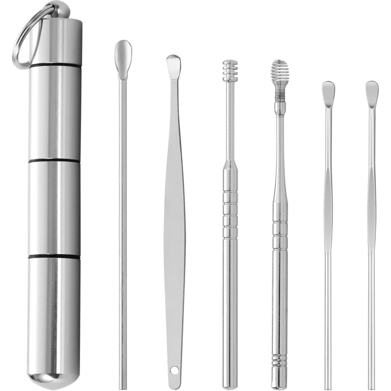 foto del prodotto kit per la pulizia del cerume, cucchiai auricolari in acciaio inossidabile, strumento portatile per la rimozione del cerume, argento, 6 pezzi