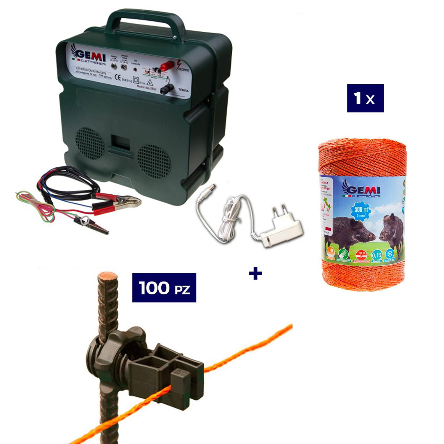 foto del prodotto kit per recinto elettrico 1x elettrificatore b12 batteria 12v o 220v 1x filo 500mt 6mm 100pz isolatori per ferro