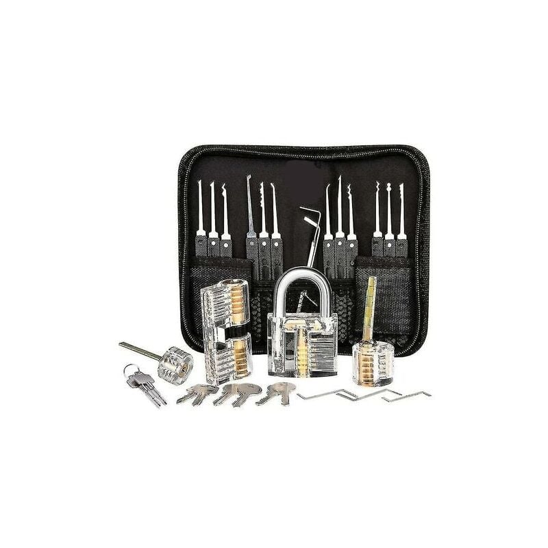 foto del prodotto kit per scassinare le serrature, kit per scassinare le serrature da 25 pezzi, strumenti di pratica con 3 serrature trasparenti
