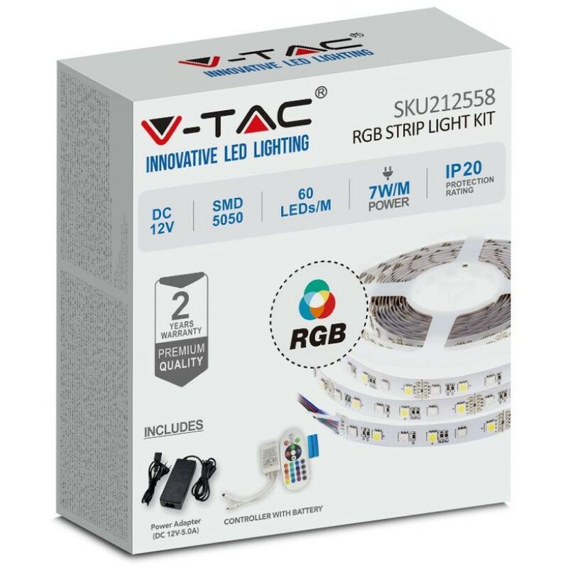 foto del prodotto kit per strip led smd5050 10w m bobina 5m 60 led m con telecomando e alimentatore rgb dimmerabile ip20