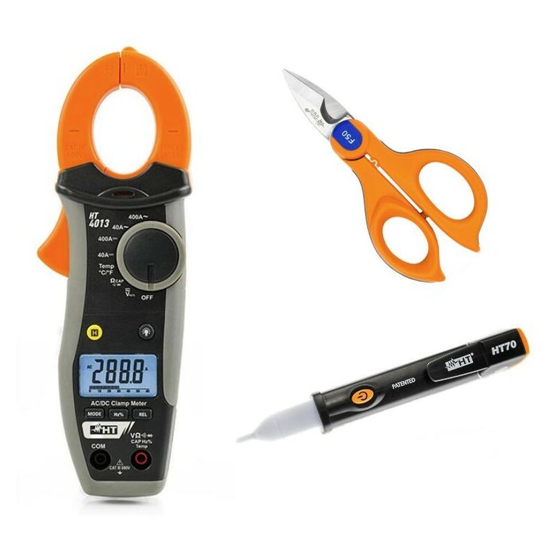 foto del prodotto kit pinza amperometrica ac dc 400a sonda k forbici f50 cercafase ht70 ht ha004013