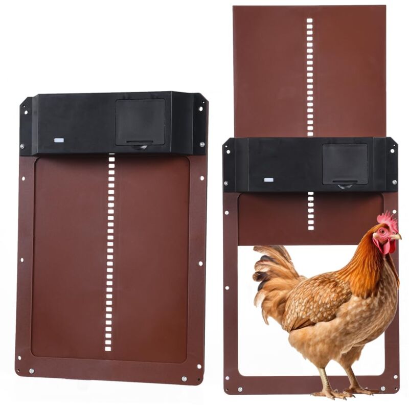 foto del prodotto kit porta automatica per pollaio, porta automatica per pollaio alimentata a batteria con timer e sensore di luce, accessori per pollaio