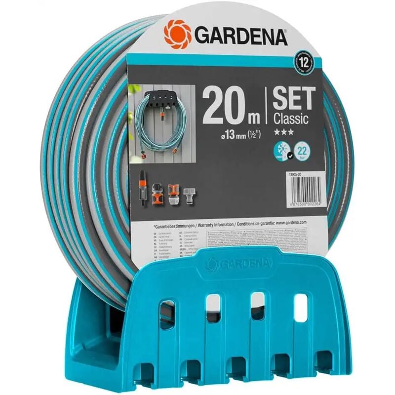 foto del prodotto kit portatubo a parete e tubo 20mt per giardino lancia e supporto gardena