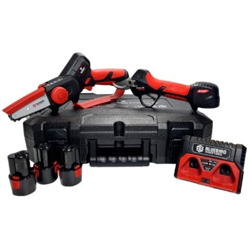 foto del prodotto kit potatore cs 22 04 forbice ps 23 25 faster blue bird con 3 batterie 12.6 v