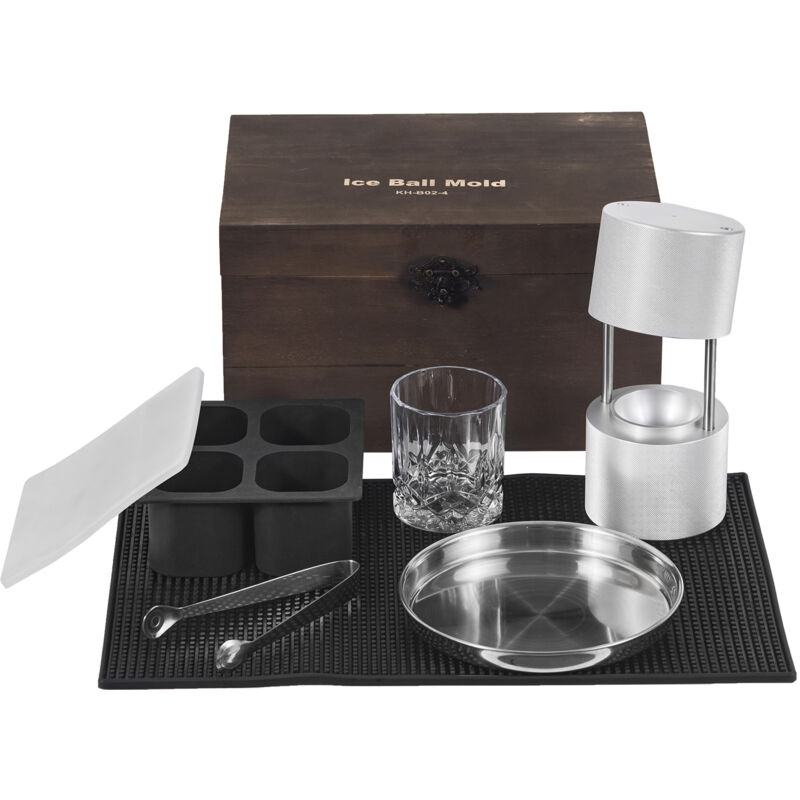 foto del prodotto kit pressa per ghiaccio a sfera in alluminio diametro 61mm, stampo per ghiaccio sferico da bar cocktail whisky cognac, kit di pressa per palline di