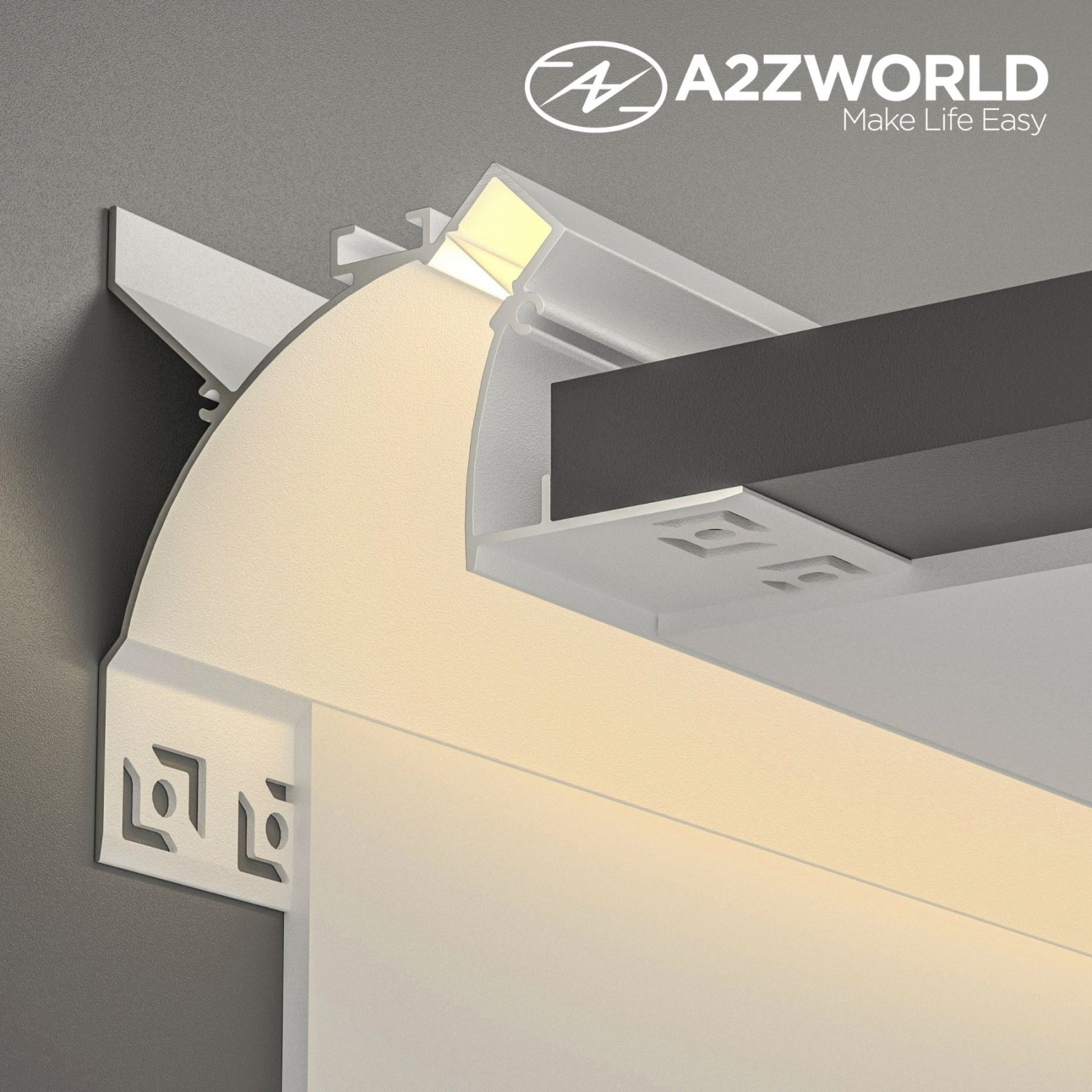 foto del prodotto kit profilo alluminio completo da 2 metri per striscia led, da cartongesso illuminazione indiritta, dimensione 77.9x70.3mm, larghezza interna 10.5mm, 675g m, copertura opale, tappi chiusura e clip fissaggio incluso