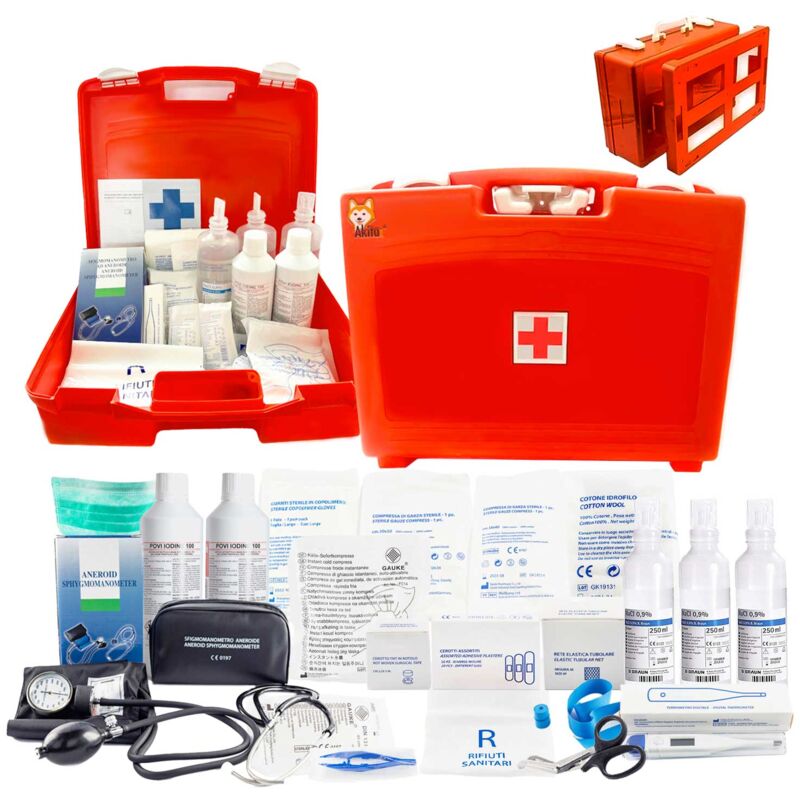 foto del prodotto kit pronto soccorso, cassetta medica allegato 1 con misuratore di pressione