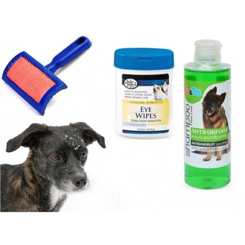 foto del prodotto kit pulizia cani shampoo azione purificante salviettine spazzola cardatore antiforfora trade shop traesio