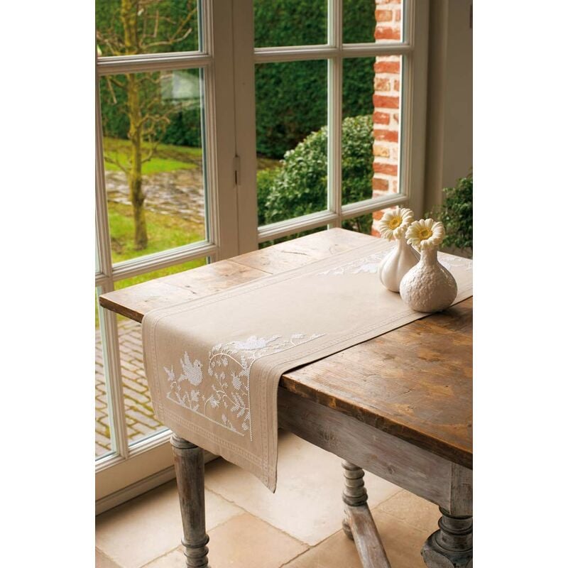 foto del prodotto kit punto croce prestampato centrotavola uccelli bianchi biancheria da tavola set fai da te creativo ca. 40 x 100 cm kit hobby creativi adulti casa