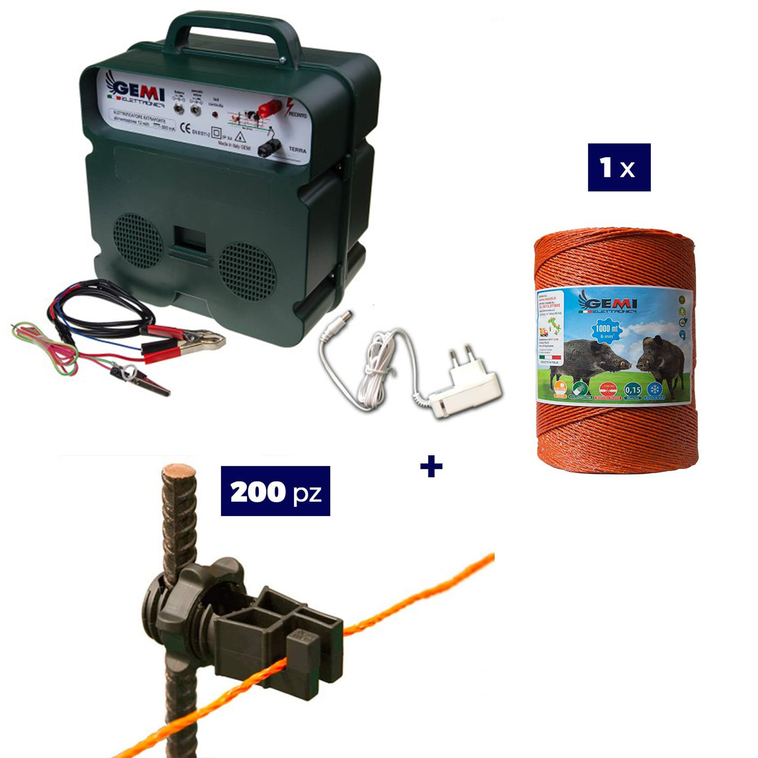 foto del prodotto kit recinto elettrico 1 x elettrificatore b12 a batteria 12v o 220v 1x filo 1000mt 6mm 200pz isolatori per ferro