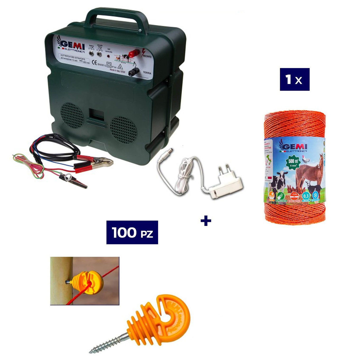 foto del prodotto kit recinto elettrico 1x elettrificatore b12 a batteria 12v o corrente 220v 1x filo 250mt 2.2mm 100 isolatori legno
