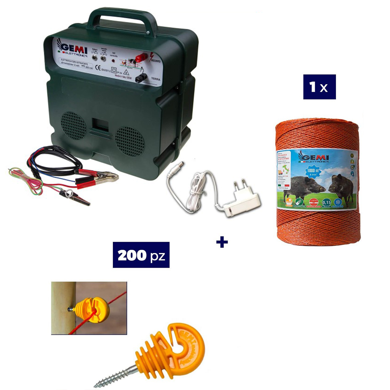 foto del prodotto kit recinto elettrico 1x elettrificatore b12 batteria 12v o 220v 1x filo 1000mt 6mm 200pz isolatori per legno