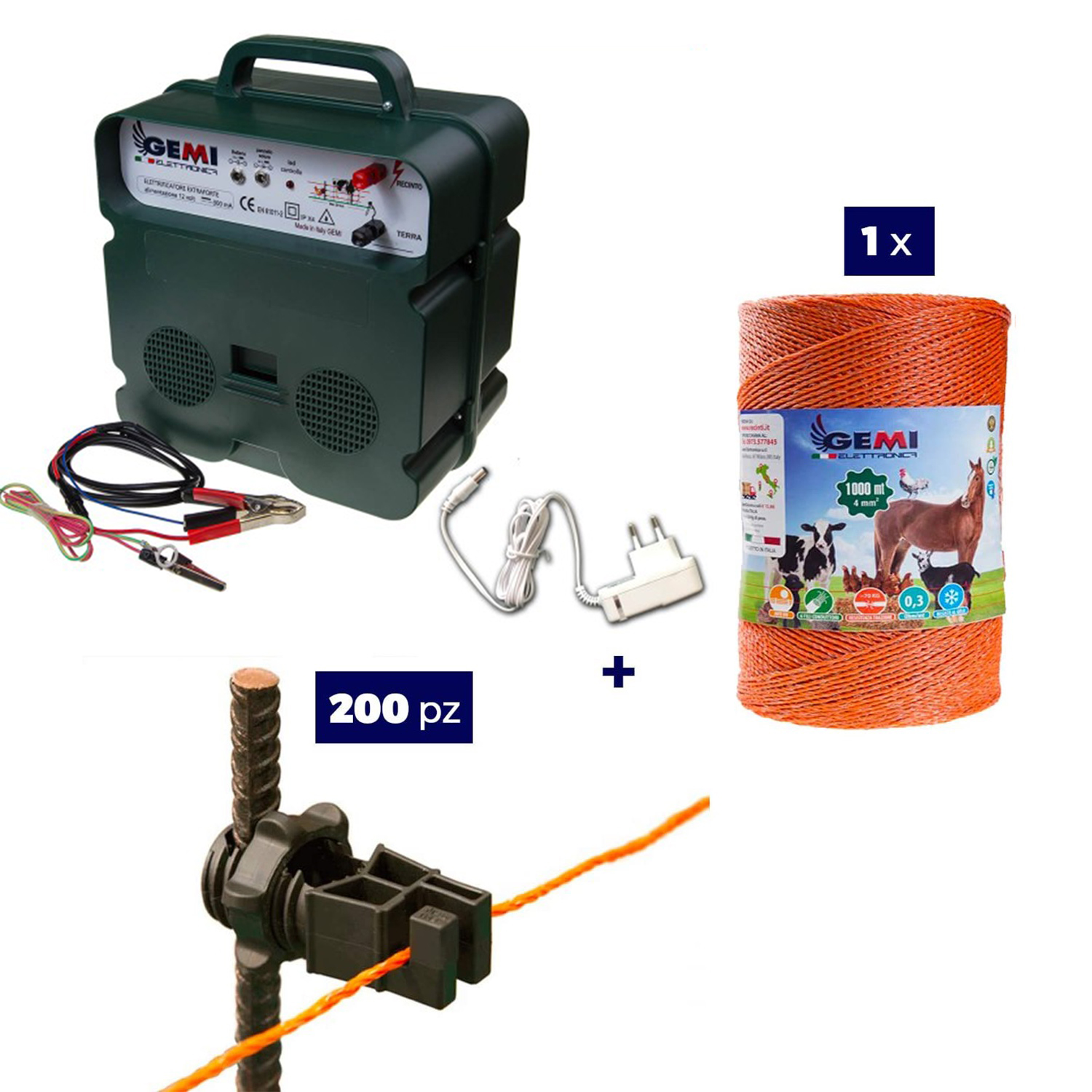 foto del prodotto kit recinto elettrico 1x elettrificatore b12 batteria 12v o corrente 220v 1x filo 1000mt 4mm 200 isolatori ferro