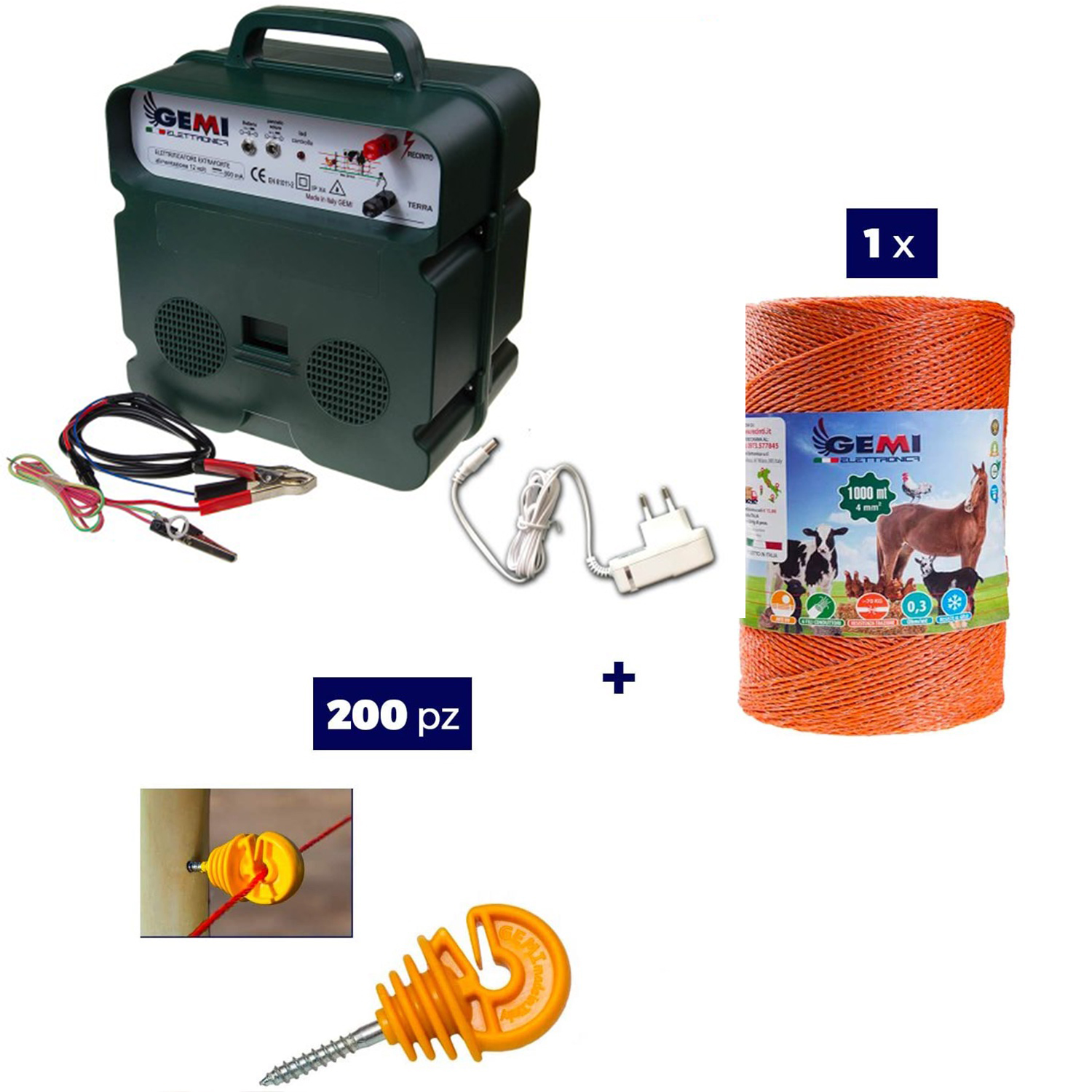foto del prodotto kit recinto elettrico con 1x elettrificatore b12 a batteria 12v o 220v 1x filo 1000mt 4mm 200pz isolatori per legno