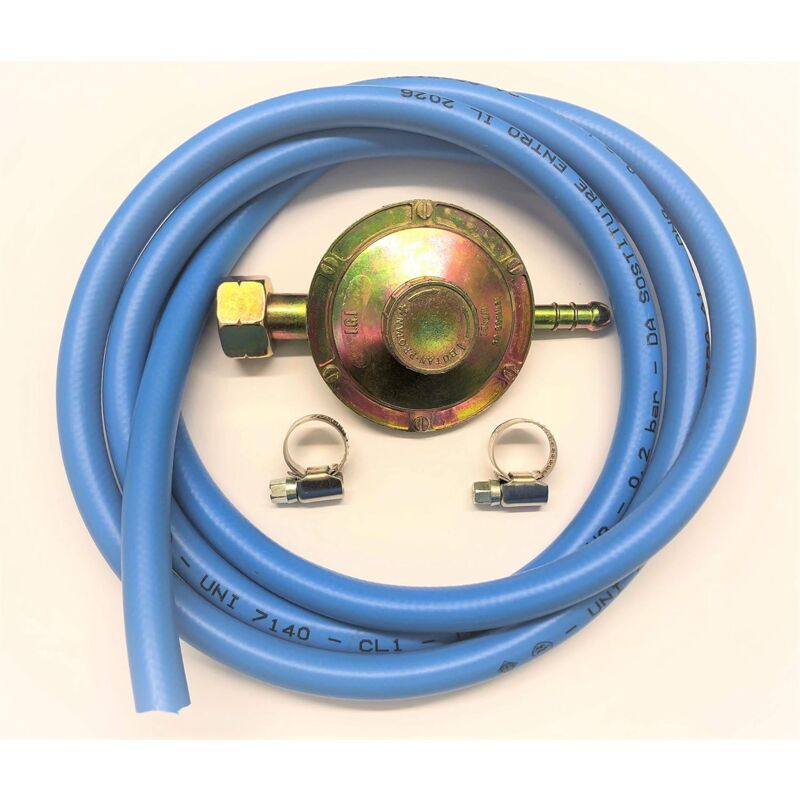 foto del prodotto kit regolatore gas bassa pressione acquaverde con tubo da 2 mt 2 fascette, ideale per cucina, barbecue a gas, gpl