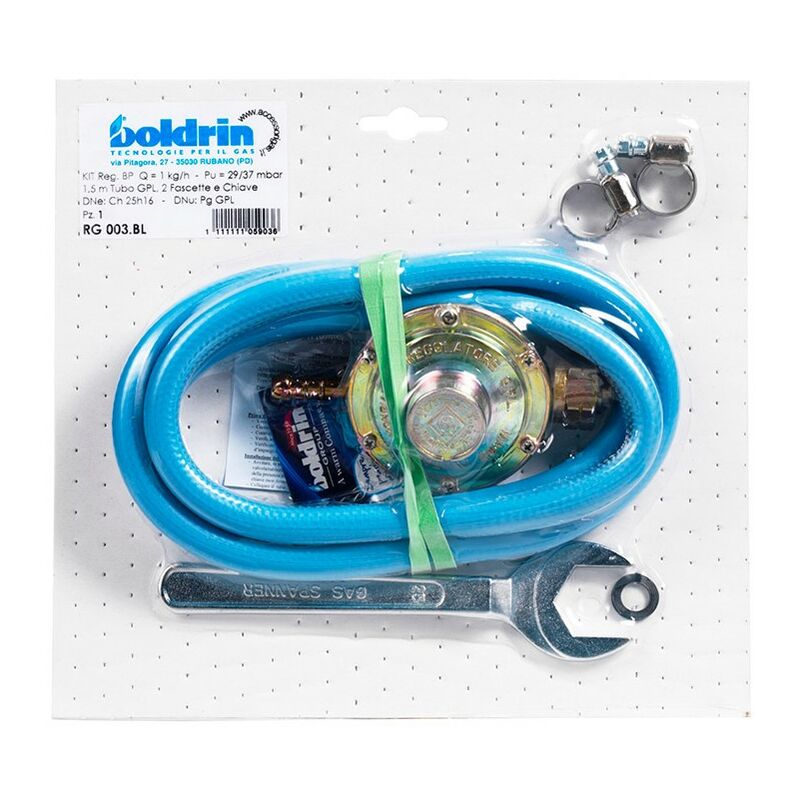 foto del prodotto kit regolatore per bombola gpl 1 kg taratura fissa con tubo gomma gpl 2 mt. 2 fascette chiave bombola