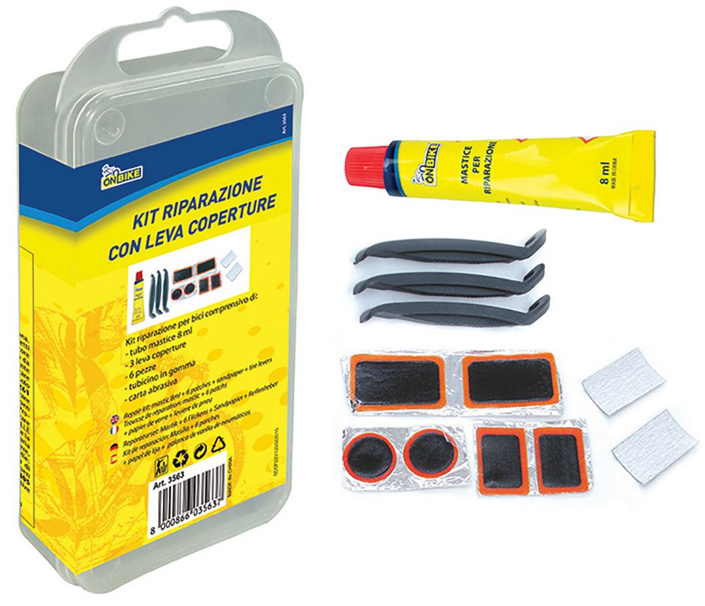 foto del prodotto kit riparazione rapida ruote bici con levacoperture e scatolina
