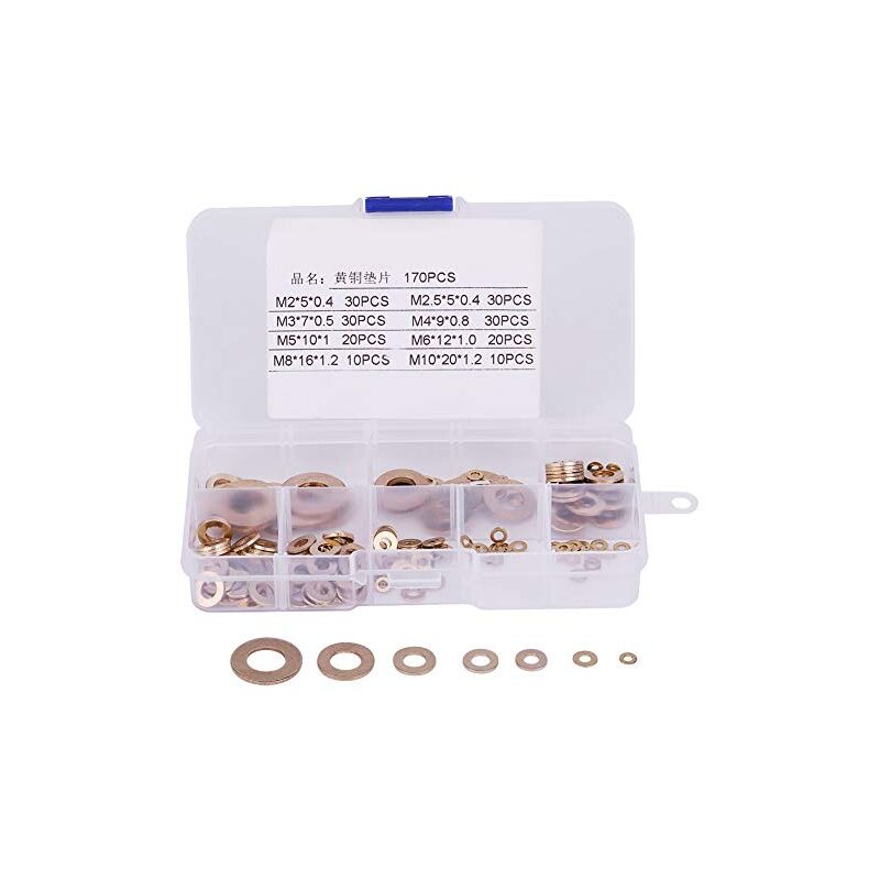 foto del prodotto kit rondelle piatte in ottone di alta qualit assortimento di 180 pezzi m2 m10 soluzione completa per tutte le esigenze di fissaggio