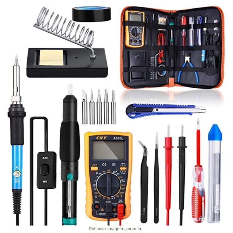 foto del prodotto kit saldatore crediri, 60 w, 220 v, temperatura regolabile, saldatura con interruttore on off, multimetro, pompa dissaldante, 5 punte per saldatura
