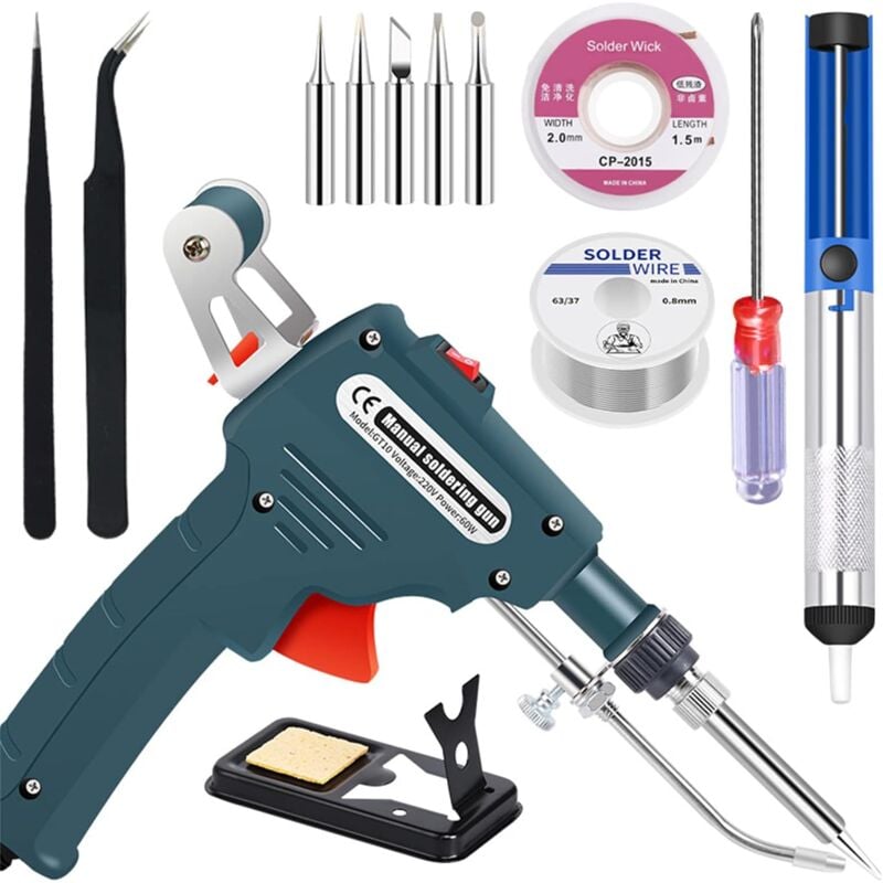 foto del prodotto kit saldatore da 60 w, pistola saldante elettronica automatica con pompa dissaldante, pinzette e pistola dissaldante portatile per gioielli, fai da
